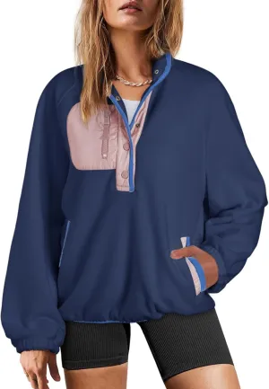 Dokotoo Sweatshirt for Women Oversized Fuzzy Fleece Jacket Color Block Button Long Sleeve Pullover Sherpa Sweatshirts Tops
