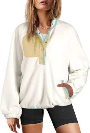 Dokotoo Sweatshirt for Women Oversized Fuzzy Fleece Jacket Color Block Button Long Sleeve Pullover Sherpa Sweatshirts Tops