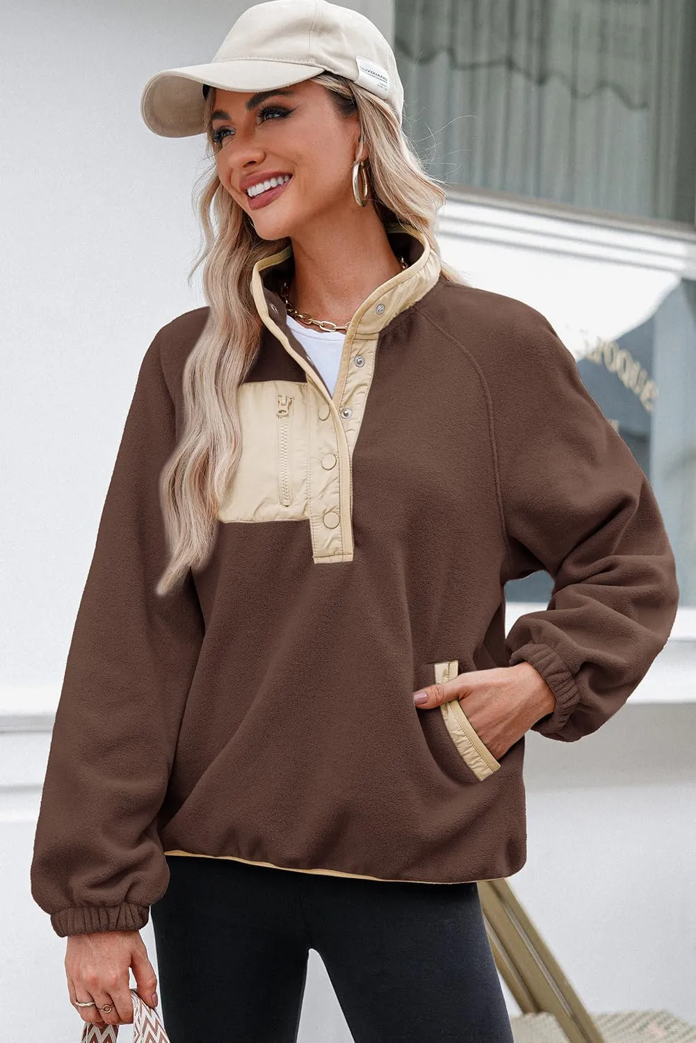 Dokotoo Sweatshirt for Women Oversized Fuzzy Fleece Jacket Color Block Button Long Sleeve Pullover Sherpa Sweatshirts Tops