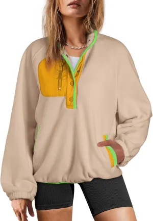 Dokotoo Sweatshirt for Women Oversized Fuzzy Fleece Jacket Color Block Button Long Sleeve Pullover Sherpa Sweatshirts Tops