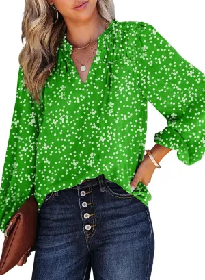 Dokotoo Women's Casual V Neck Alicia Floral Print Smocked Long Sleeve Chiffon Blouses Bohemian Top Shirts