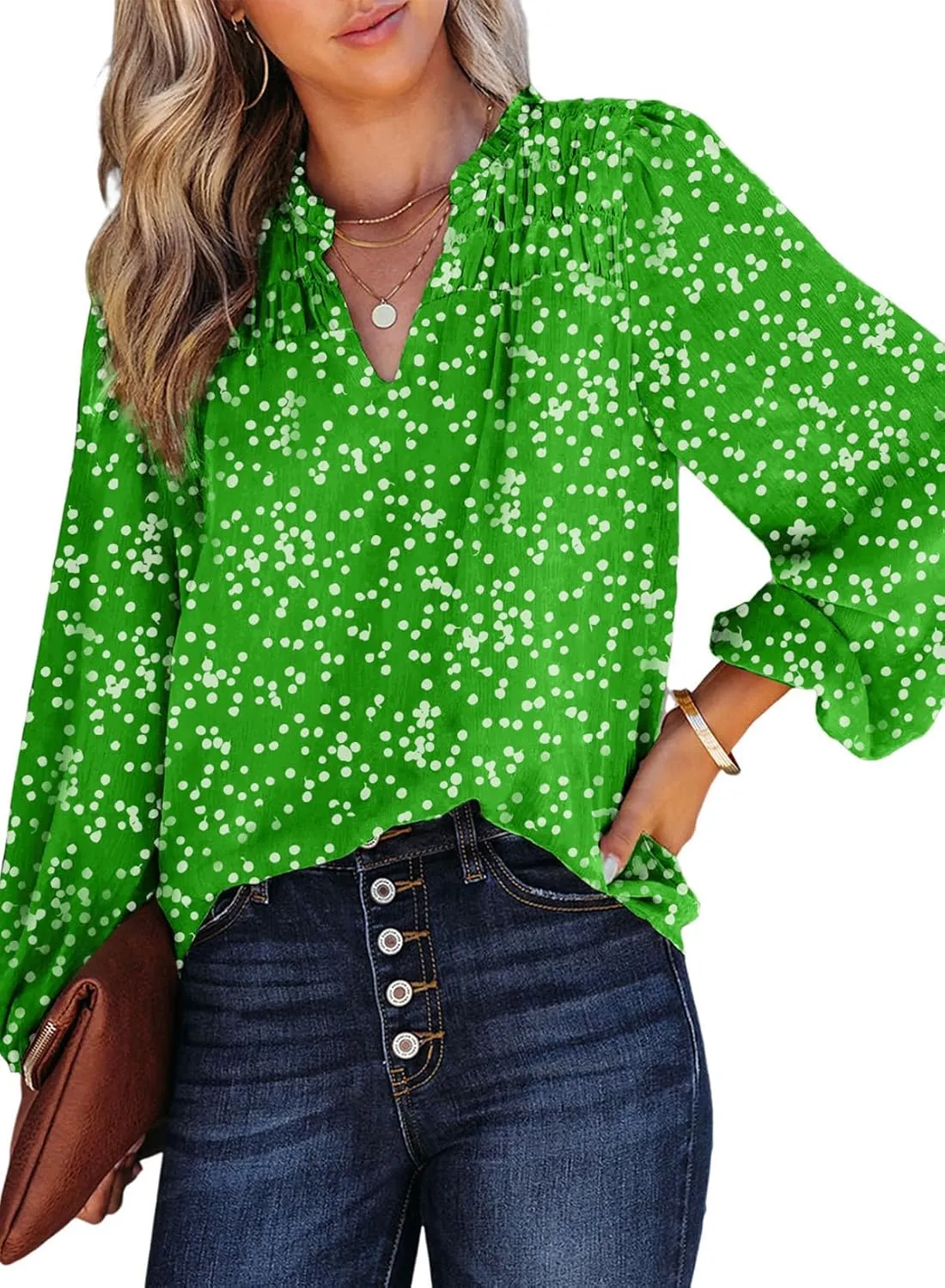 Dokotoo Women's Casual V Neck Alicia Floral Print Smocked Long Sleeve Chiffon Blouses Bohemian Top Shirts