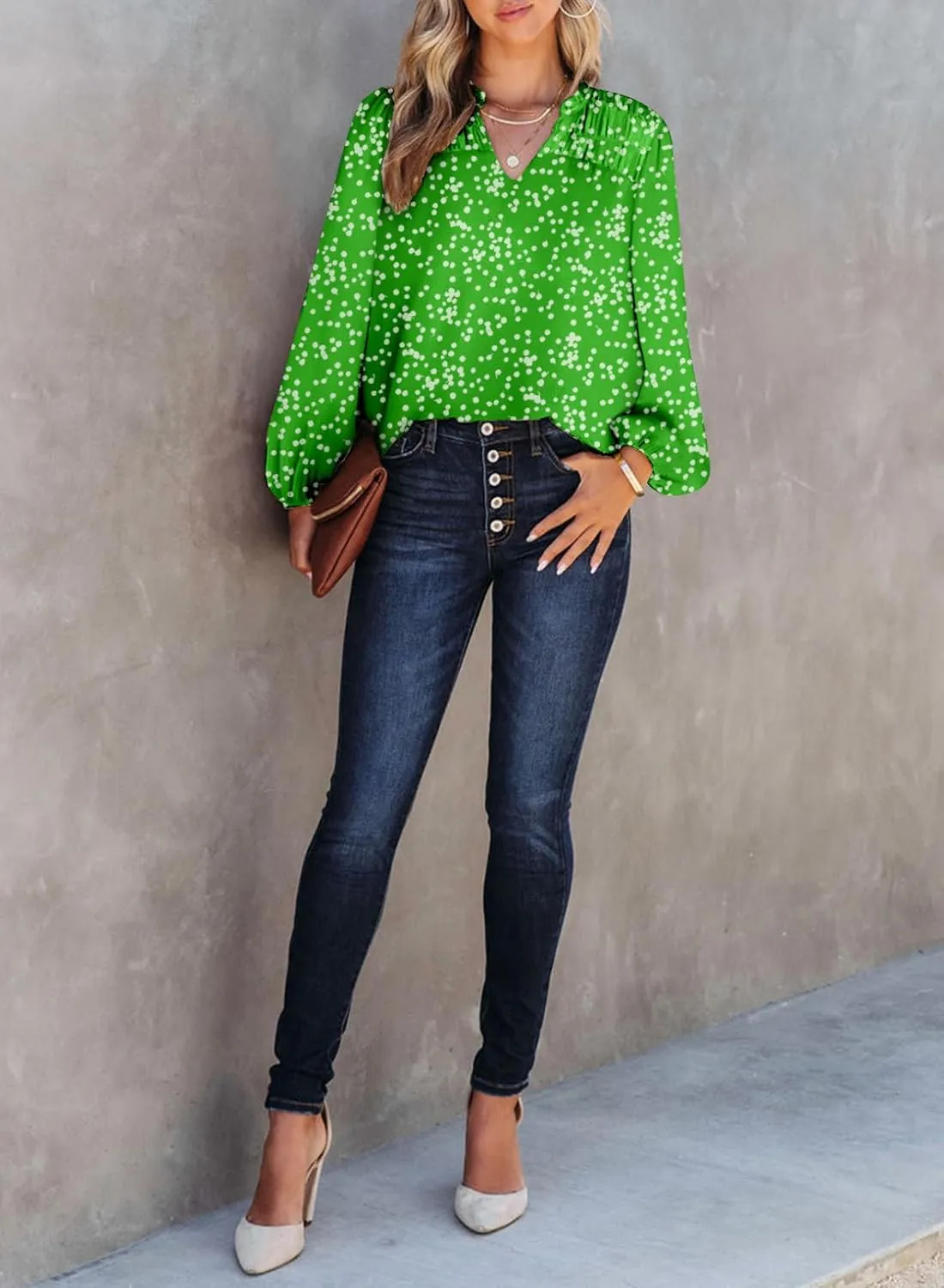 Dokotoo Women's Casual V Neck Alicia Floral Print Smocked Long Sleeve Chiffon Blouses Bohemian Top Shirts