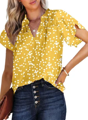 Dokotoo Women's Casual V Neck Alicia Floral Print Smocked Short Sleeve Chiffon Blouses Bohemian Top Shirts
