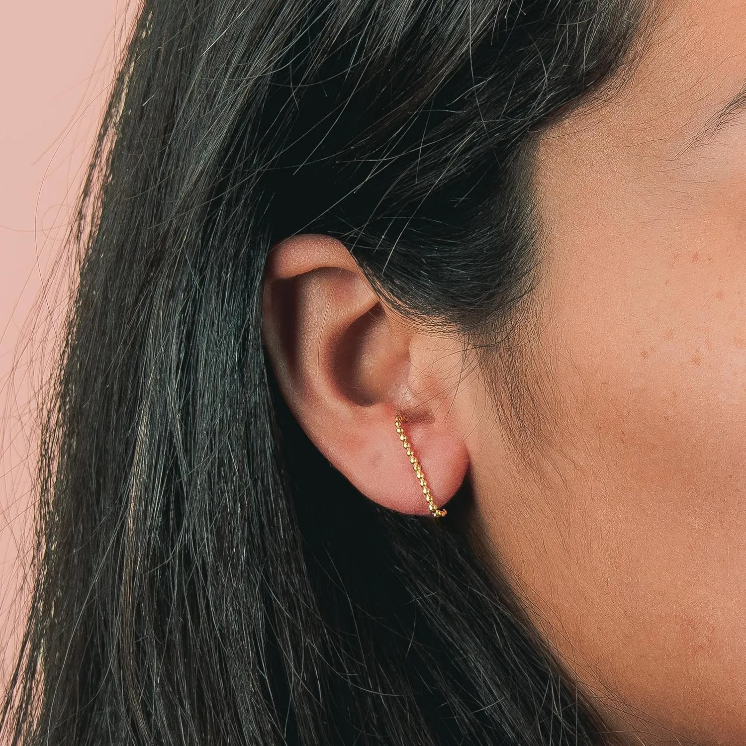 Dot Suspender Earrings | Gold, Rose Gold, or Silver | Beaded Suspension Stud Earrings | Minimalist Everyday Huggie Cuff Studs (Sterling Silver)