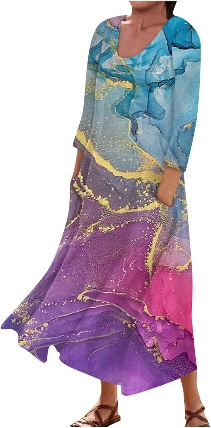 Dresses for Women 2024 U Neck Boho Flowy Beach Dress 3/4 Sleeve Solid Maxi Dresses Casual Sundresses with Pocket