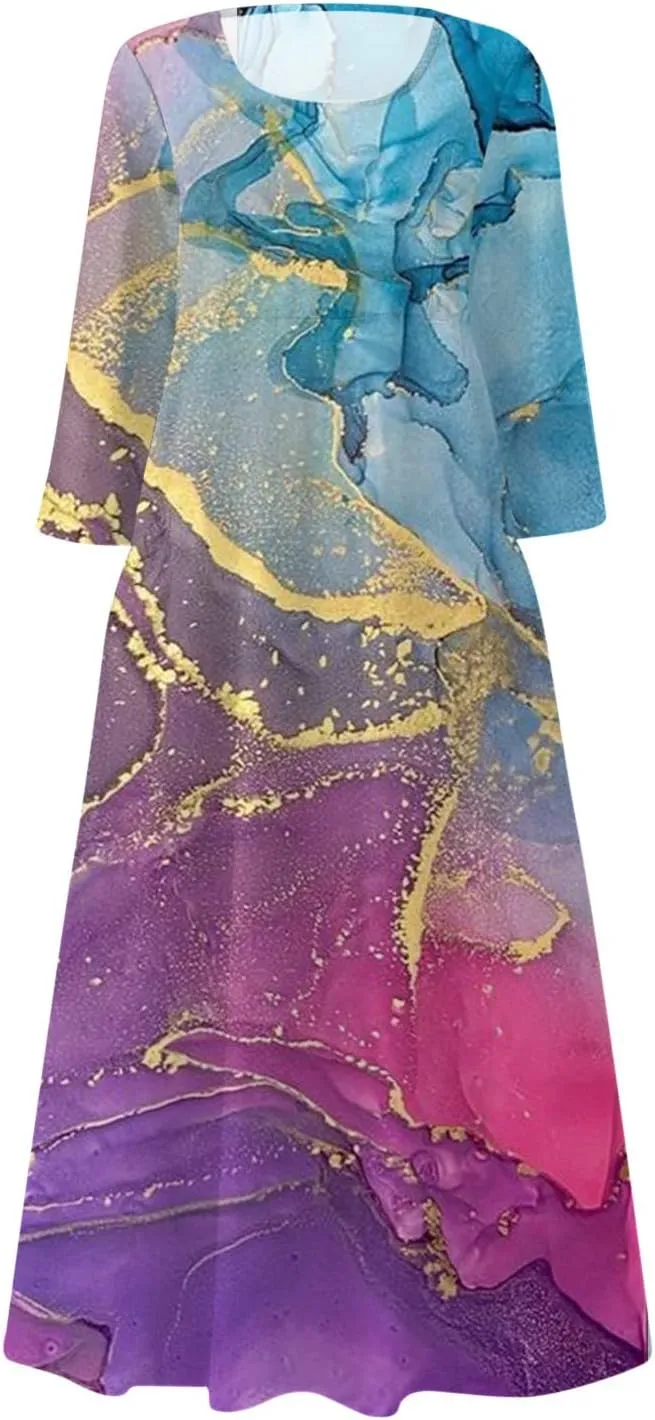 Dresses for Women 2024 U Neck Boho Flowy Beach Dress 3/4 Sleeve Solid Maxi Dresses Casual Sundresses with Pocket