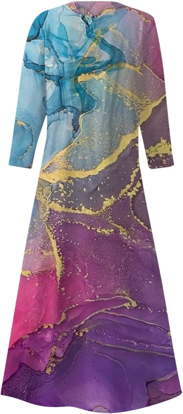 Dresses for Women 2024 U Neck Boho Flowy Beach Dress 3/4 Sleeve Solid Maxi Dresses Casual Sundresses with Pocket