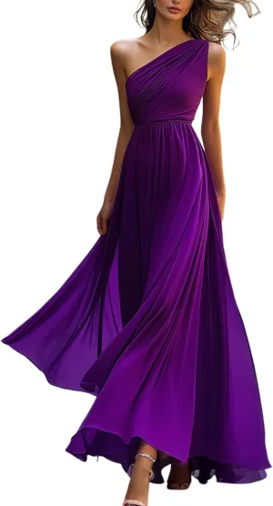 Dresses for Women 2025 Elegant Classy Purple One Shoulder Sleeveless Maxi Dress Ruched High Waist Cocktail Party Gown
