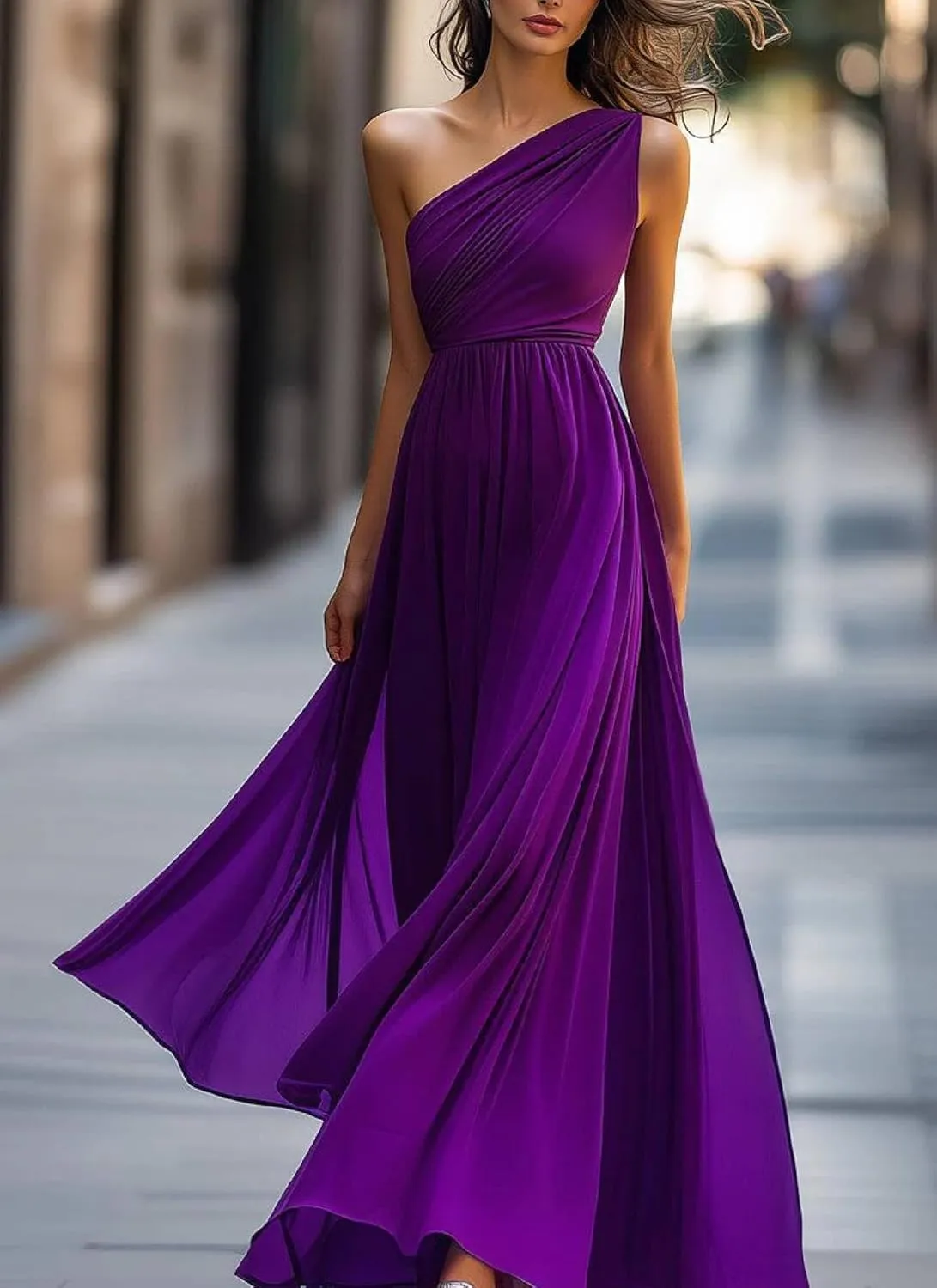 Dresses for Women 2025 Elegant Classy Purple One Shoulder Sleeveless Maxi Dress Ruched High Waist Cocktail Party Gown
