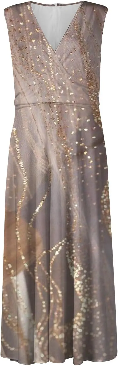 Dresses for Women 2025 Spring Summer Elegant Wrap V Neck Sleeveless Maxi Dress,Trendy Marble Print Flowy Beach Dress