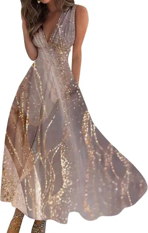 Dresses for Women 2025 Spring Summer Elegant Wrap V Neck Sleeveless Maxi Dress,Trendy Marble Print Flowy Beach Dress