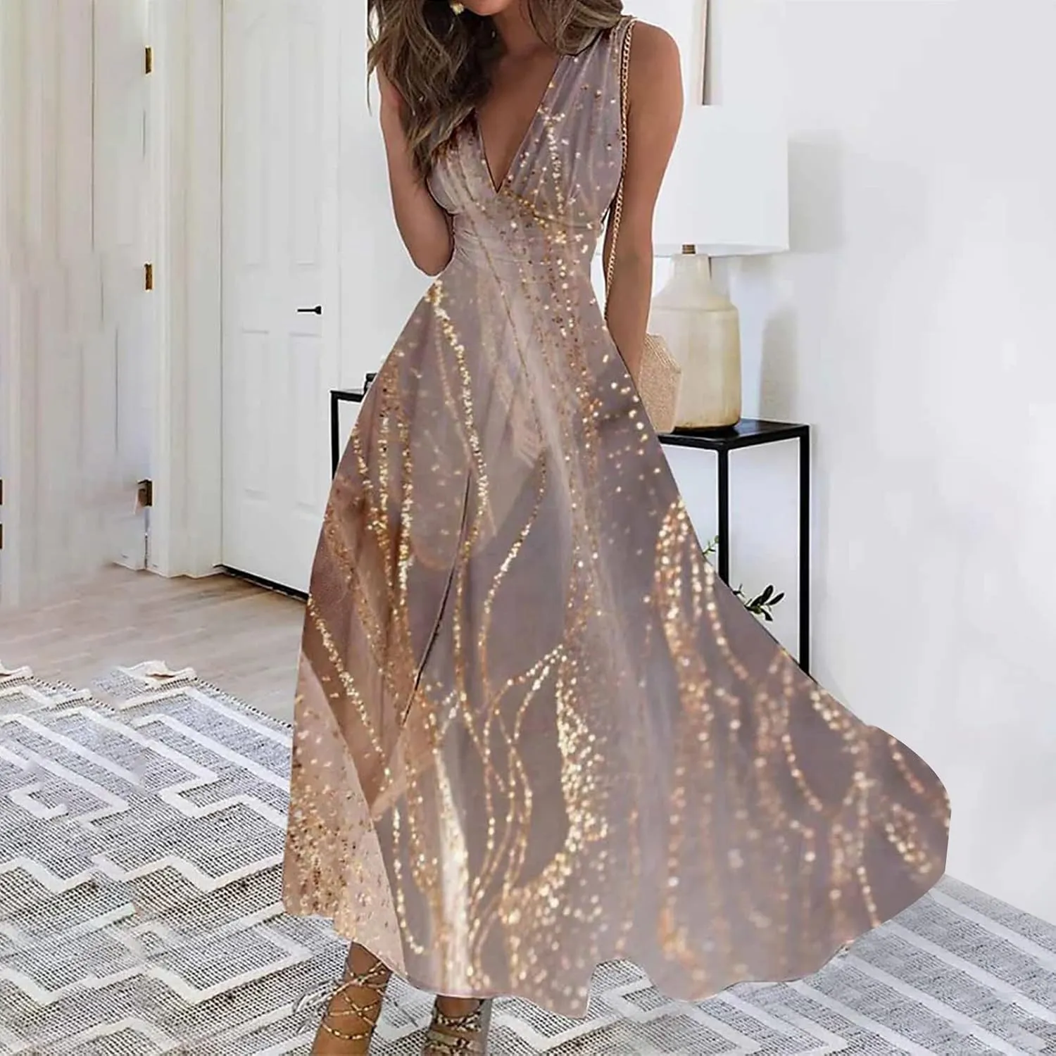 Dresses for Women 2025 Spring Summer Elegant Wrap V Neck Sleeveless Maxi Dress,Trendy Marble Print Flowy Beach Dress