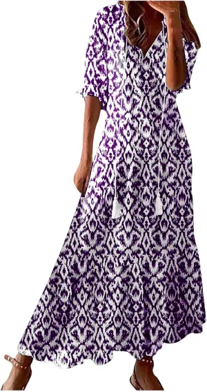 Dresses for Women Plus Size Printed Dress Summer Boho Maxi Dress V Neck Flowy Dress Long Beach Dress Casual Sundress