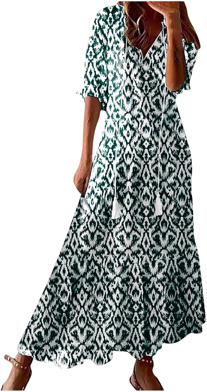 Dresses for Women Plus Size Printed Dress Summer Boho Maxi Dress V Neck Flowy Dress Long Beach Dress Casual Sundress