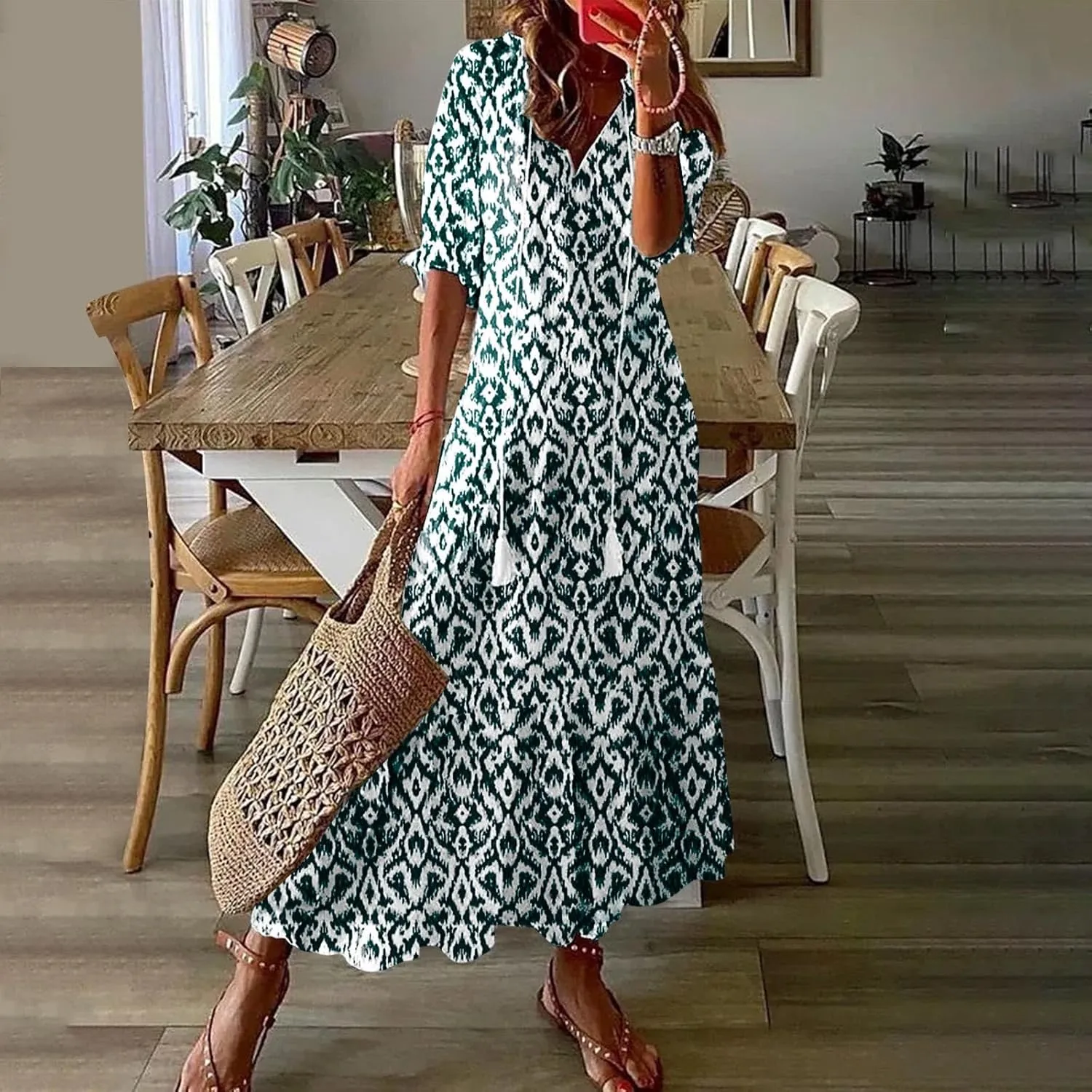 Dresses for Women Plus Size Printed Dress Summer Boho Maxi Dress V Neck Flowy Dress Long Beach Dress Casual Sundress