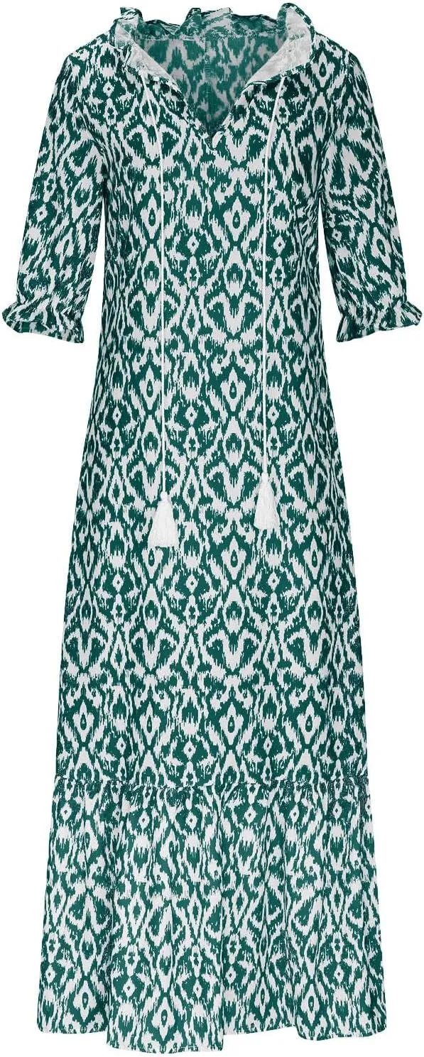 Dresses for Women Plus Size Printed Dress Summer Boho Maxi Dress V Neck Flowy Dress Long Beach Dress Casual Sundress
