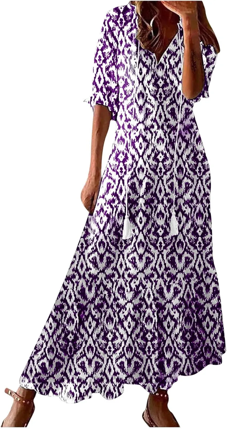 Dresses for Women Plus Size Printed Dress Summer Boho Maxi Dress V Neck Flowy Dress Long Beach Dress Casual Sundress