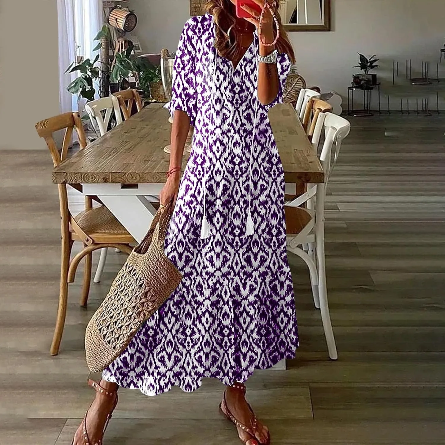 Dresses for Women Plus Size Printed Dress Summer Boho Maxi Dress V Neck Flowy Dress Long Beach Dress Casual Sundress