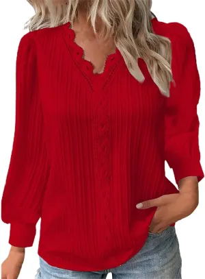 Dressy T Shirts for Women Elegant Lace Patchwork V Neck Long Sleeve Pleated Tops Office Work Going Out Party Blouse