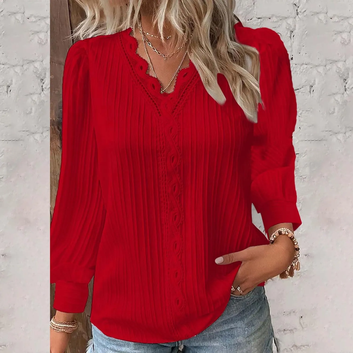 Dressy T Shirts for Women Elegant Lace Patchwork V Neck Long Sleeve Pleated Tops Office Work Going Out Party Blouse