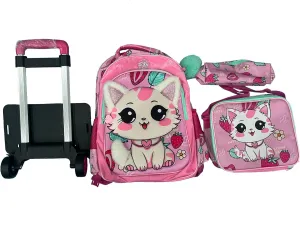 Egchescebo Kids Rolling Plush cat Backpack for Girls Trolley Suitcases Luggage Travel with Wheels Detachable Wheeled 17" 3PCS Roller Backpacks Set Toddler Back Pack School Bags for Elementary Pink