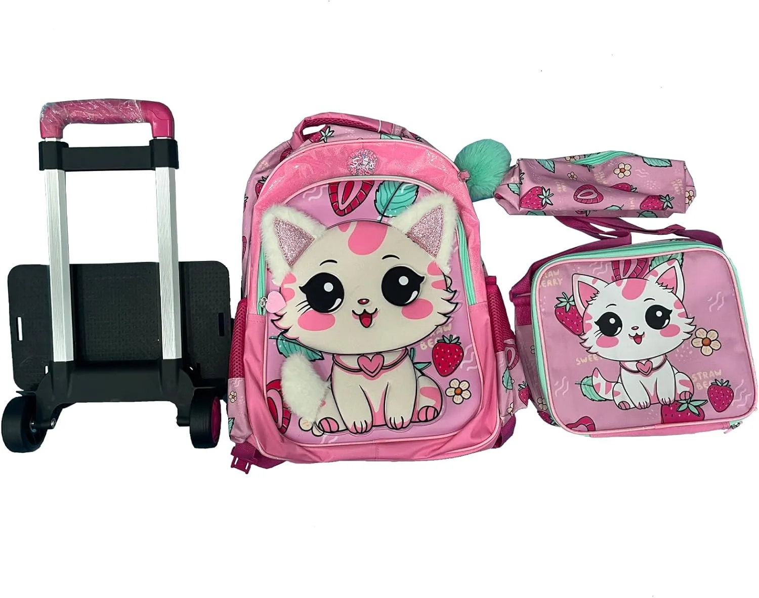 Egchescebo Kids Rolling Plush cat Backpack for Girls Trolley Suitcases Luggage Travel with Wheels Detachable Wheeled 17" 3PCS Roller Backpacks Set Toddler Back Pack School Bags for Elementary Pink