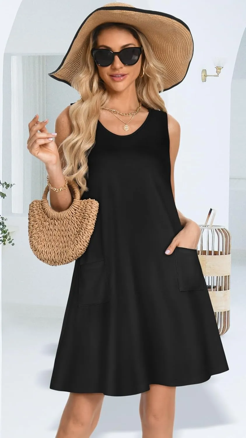 elescat Womens Summer Dresses Casual V Neck Sleeveless Pockets Beach Loose Tank Sundress