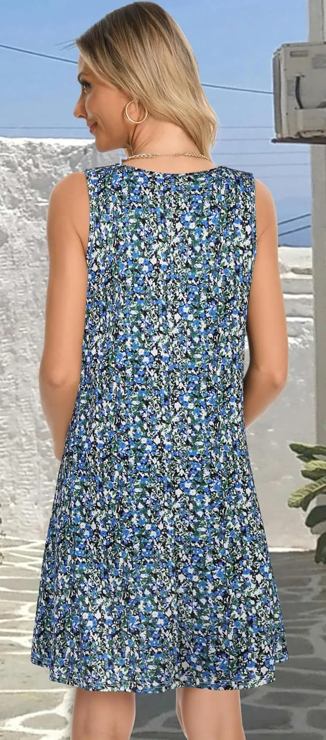 elescat Womens Summer Dresses Casual V Neck Sleeveless Pockets Beach Loose Tank Sundress
