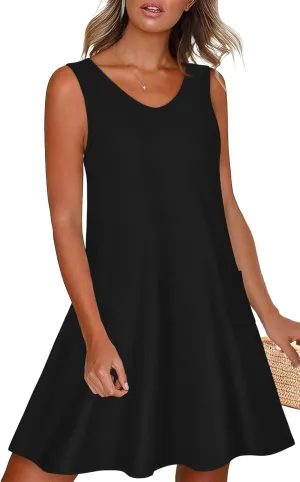 elescat Womens Summer Dresses Casual V Neck Sleeveless Pockets Beach Loose Tank Sundress