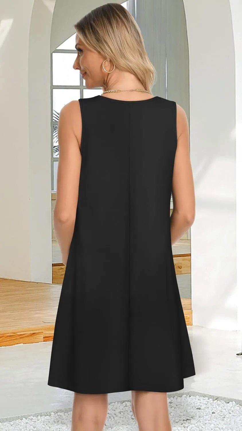 elescat Womens Summer Dresses Casual V Neck Sleeveless Pockets Beach Loose Tank Sundress
