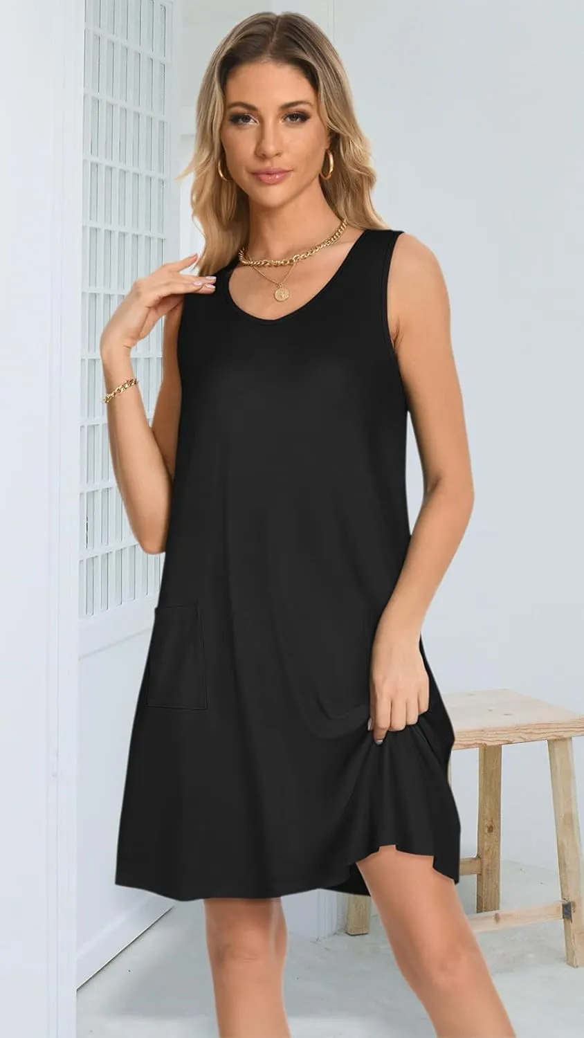 elescat Womens Summer Dresses Casual V Neck Sleeveless Pockets Beach Loose Tank Sundress