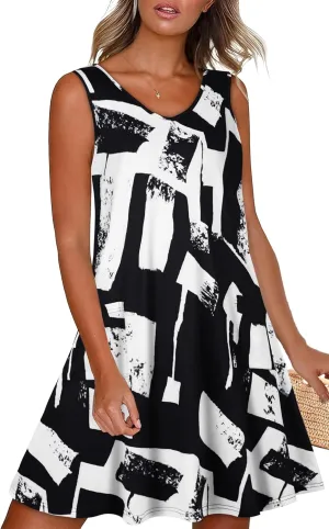elescat Womens Summer Dresses Casual V Neck Sleeveless Pockets Beach Loose Tank Sundress