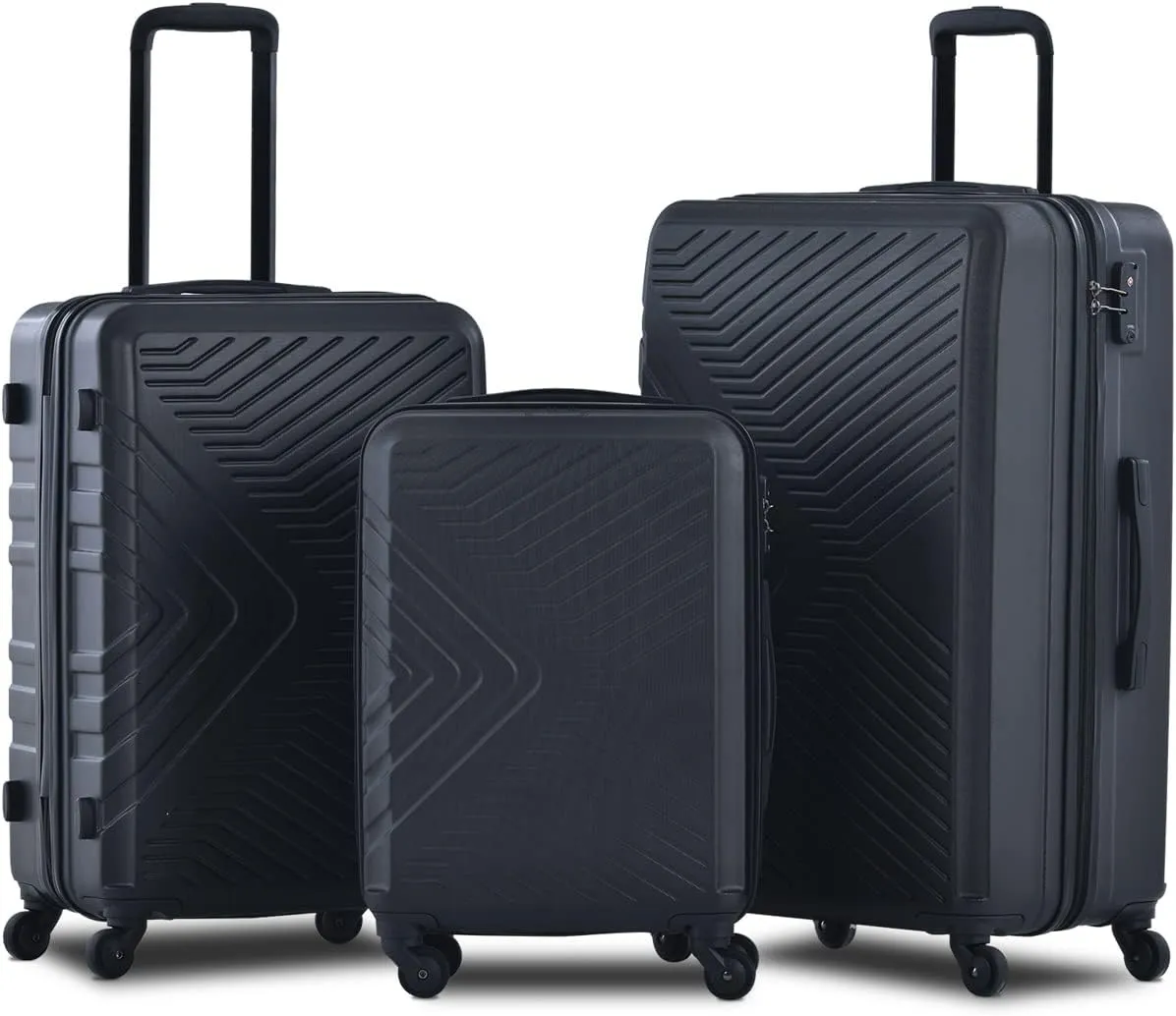 espidoo 3-Piece ABS Lightweight Luggage Set: 20/24/28 Inch Hard Shell Suitcase with Spinner Wheels & TSA Lock - Scratch-Resistant & Organized Interior for Travelers - Black