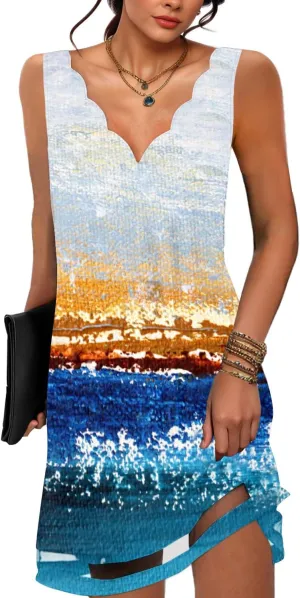 ETCYY NEW Summer Dresses for Women 2025 Seashell Edge V Neck Sleeveless Sundresses Beach Cover Ups Tank Dress with Pockets
