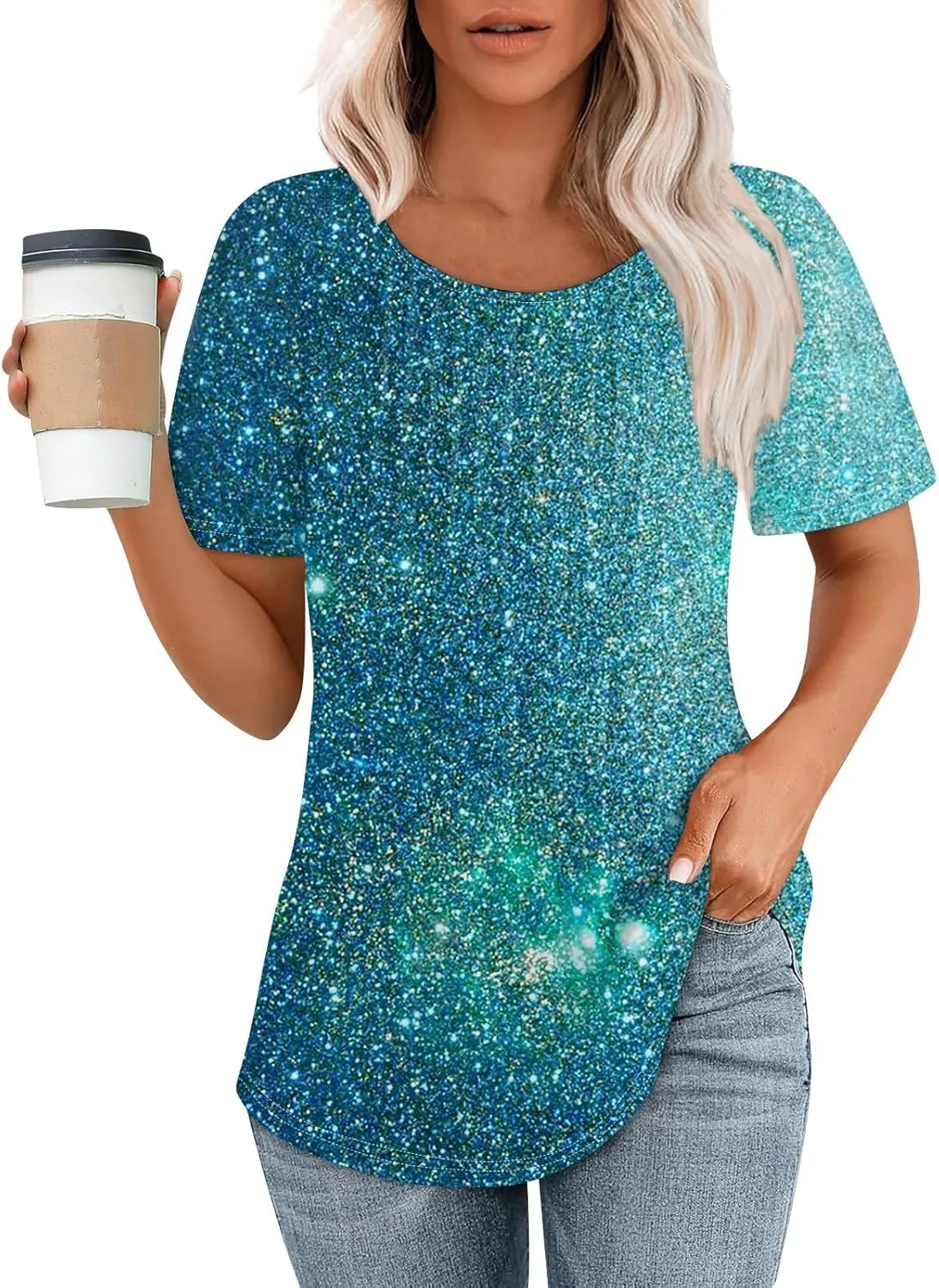 Fashion Womens Tops Dressy Tee Shirts Short Sleeve Pleated Dressy Casual Scoop Neck Summer Tops Blouses