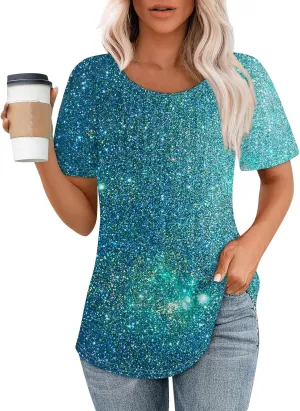 Fashion Womens Tops Dressy Tee Shirts Short Sleeve Pleated Dressy Casual Scoop Neck Summer Tops Blouses