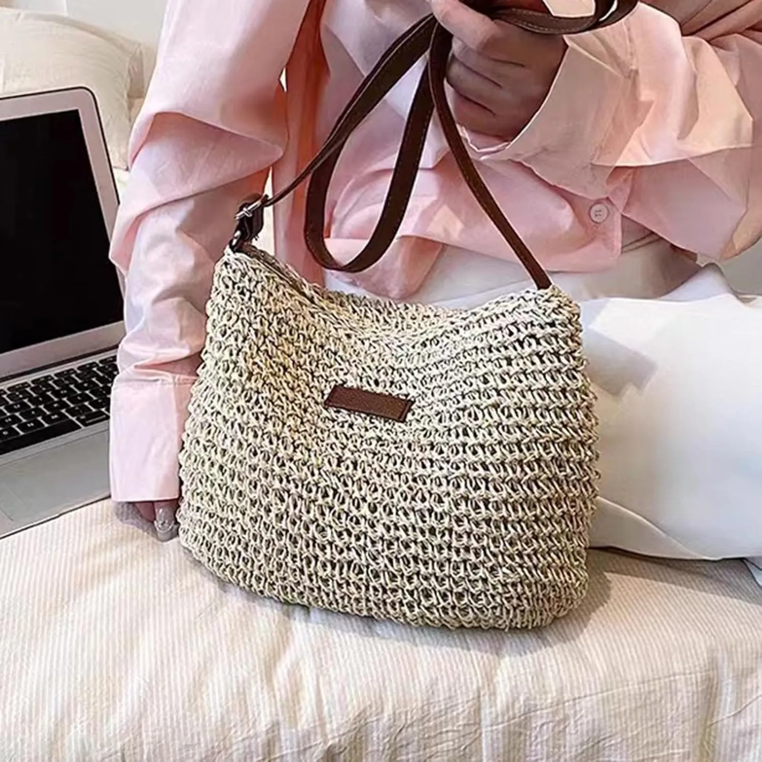 Fashion Woven Purse for Women Top-Handle Shoulder Bag Soft Summer Hobo Tote Bag Blue