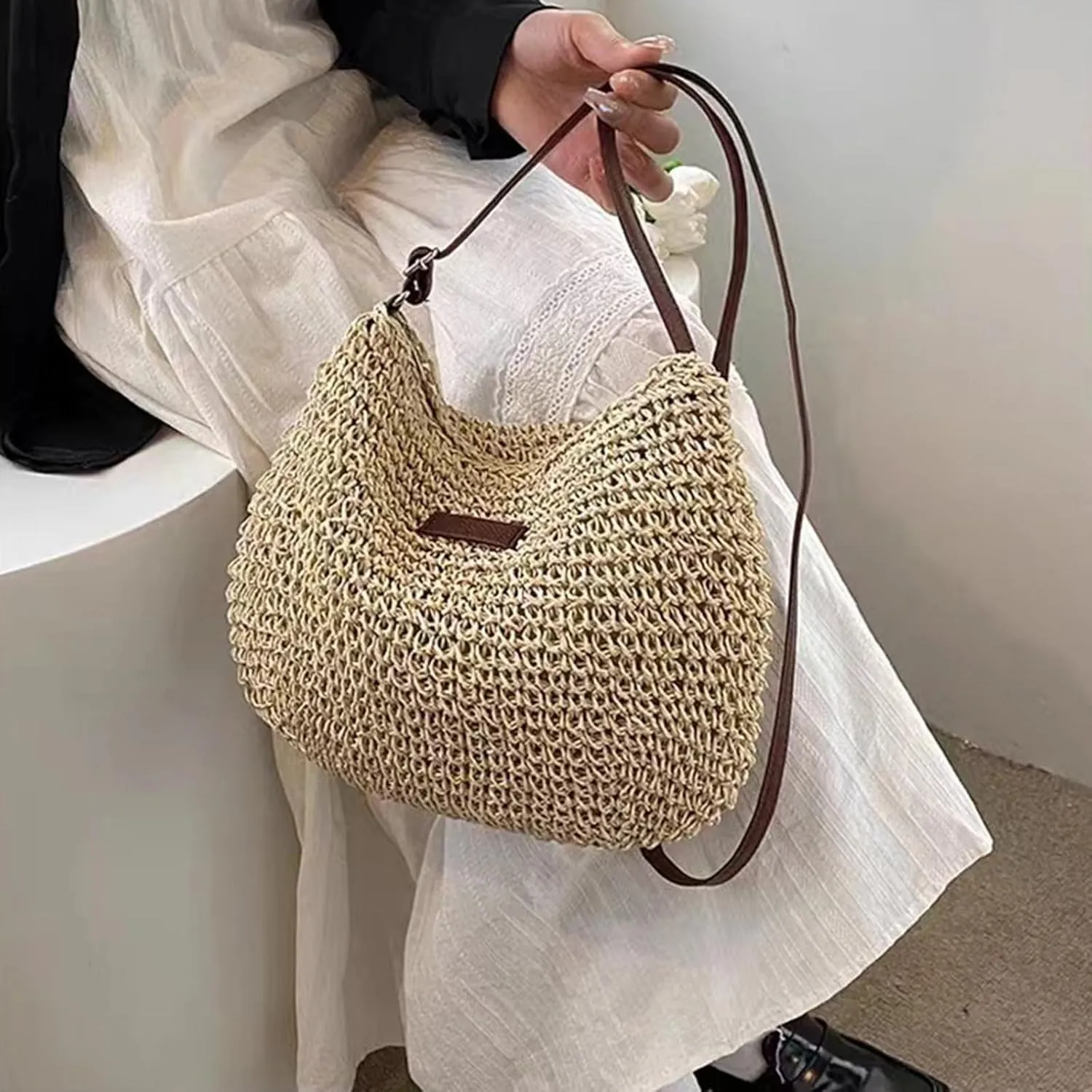 Fashion Woven Purse for Women Top-Handle Shoulder Bag Soft Summer Hobo Tote Bag Blue