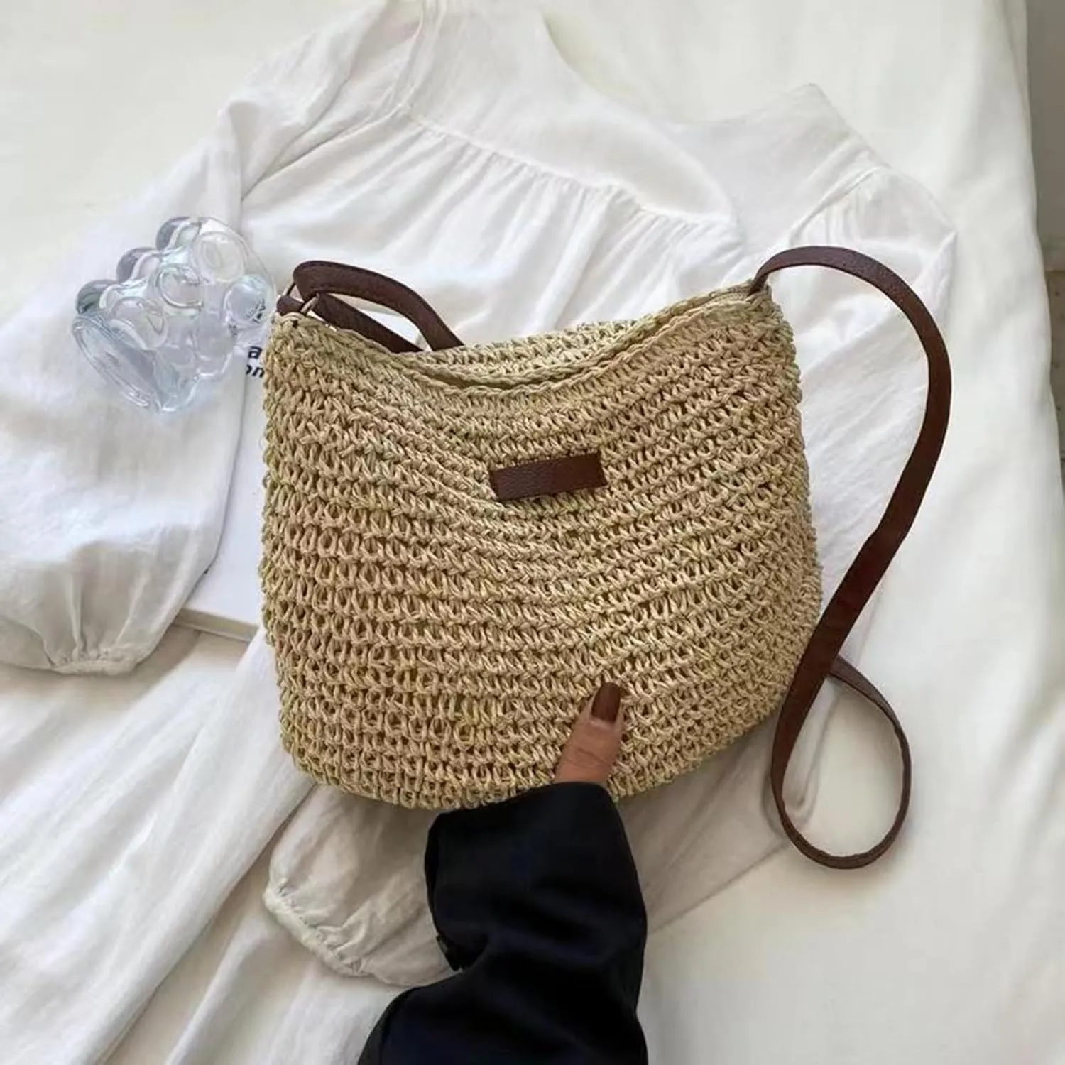 Fashion Woven Purse for Women Top-Handle Shoulder Bag Soft Summer Hobo Tote Bag Blue