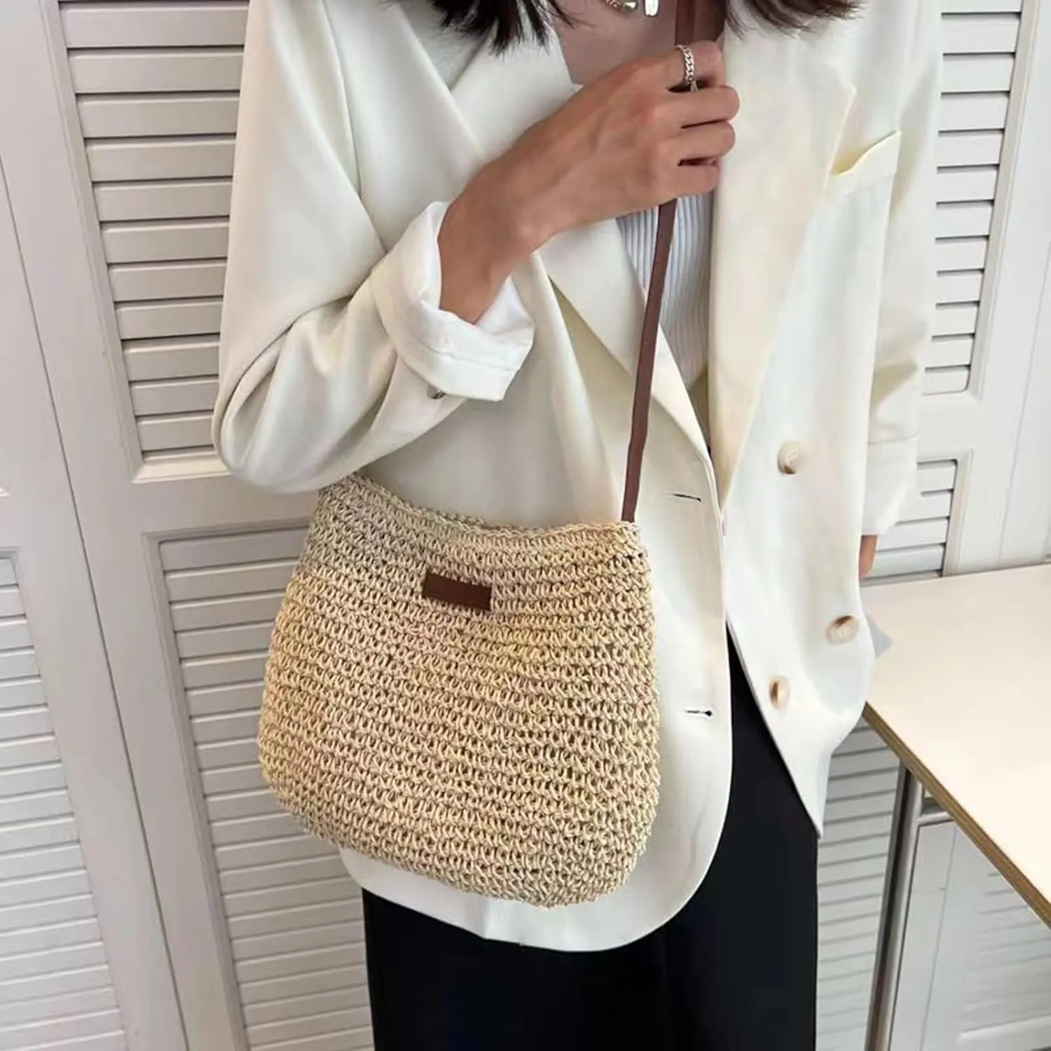 Fashion Woven Purse for Women Top-Handle Shoulder Bag Soft Summer Hobo Tote Bag Blue