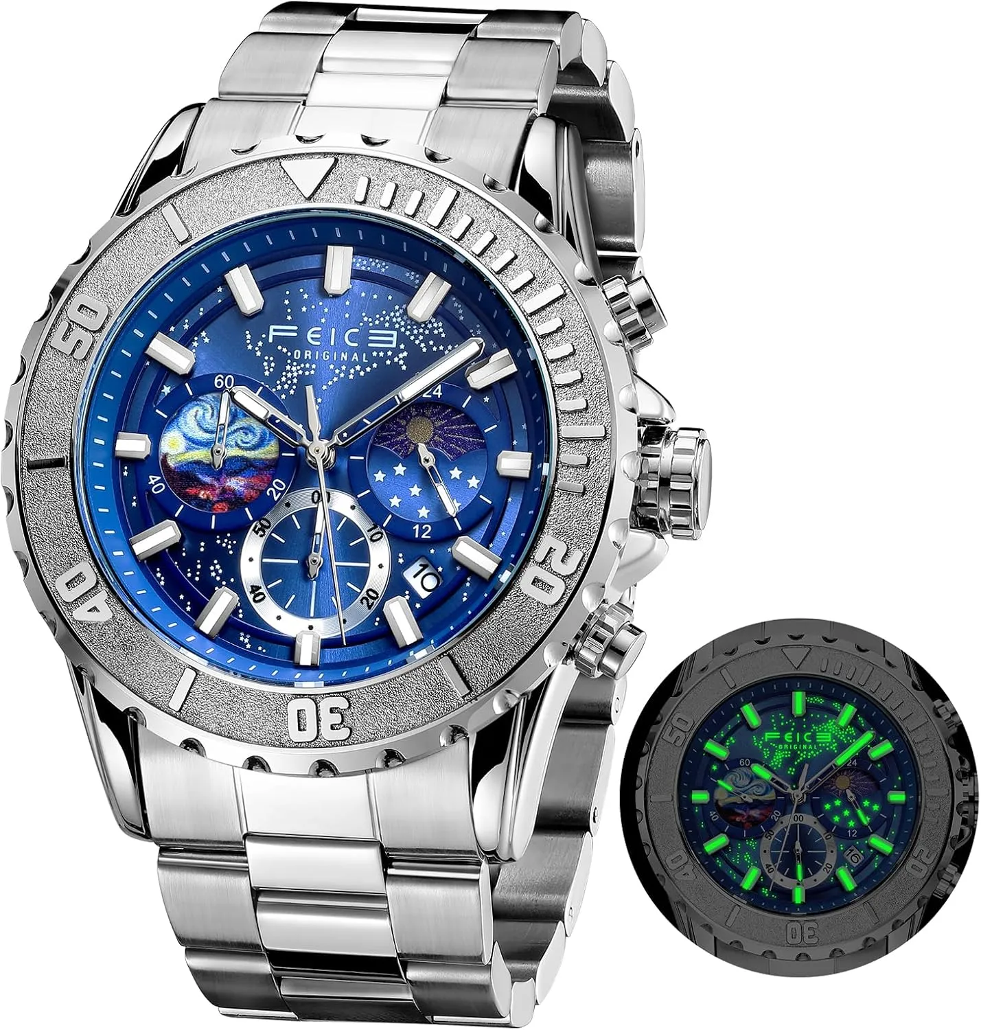 Feice Men's Quartz Watch with 24-Hour Display, Date, Luminous Hands, Starry Sky Dial, Stainless Steel Band, 3ATM Water Resistant Watches for Men