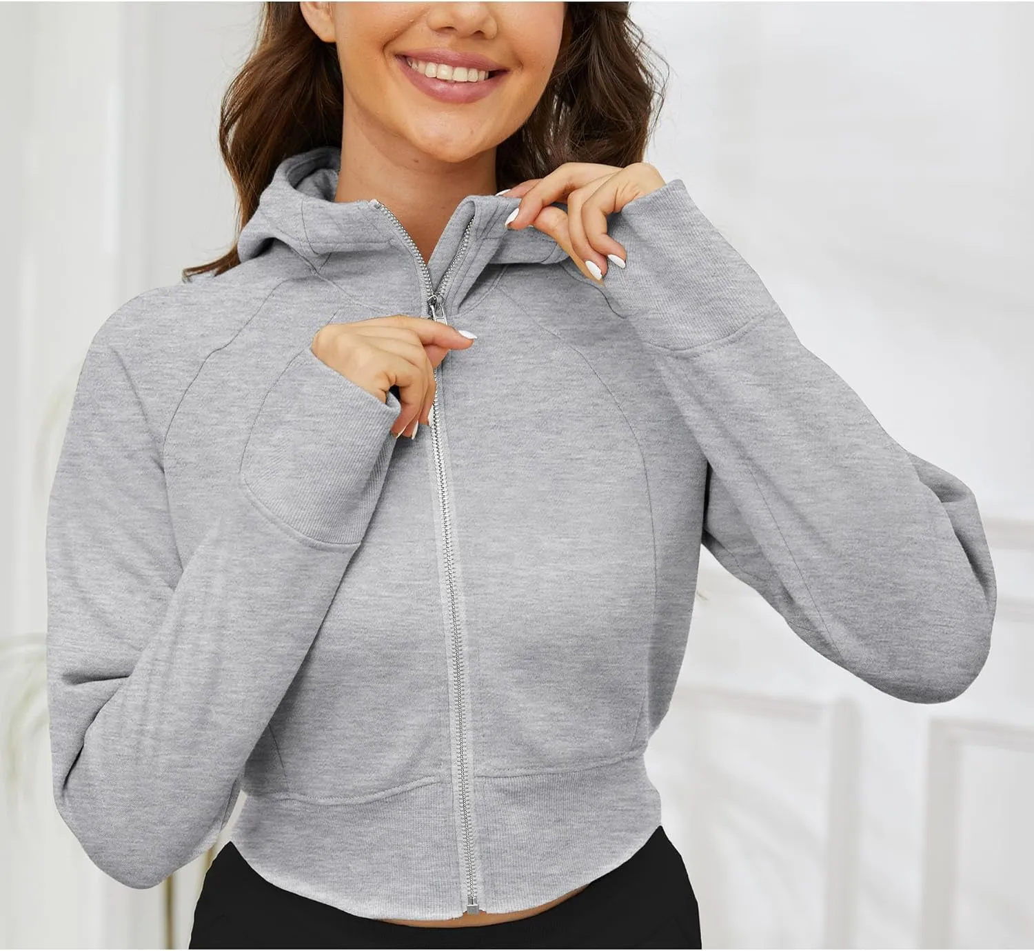 Fengbay Zip Up Hoodies for Women,Long Sleeve Fleece Lined Casual Cropped Hoodie Sweatshirts with Thumb Hole