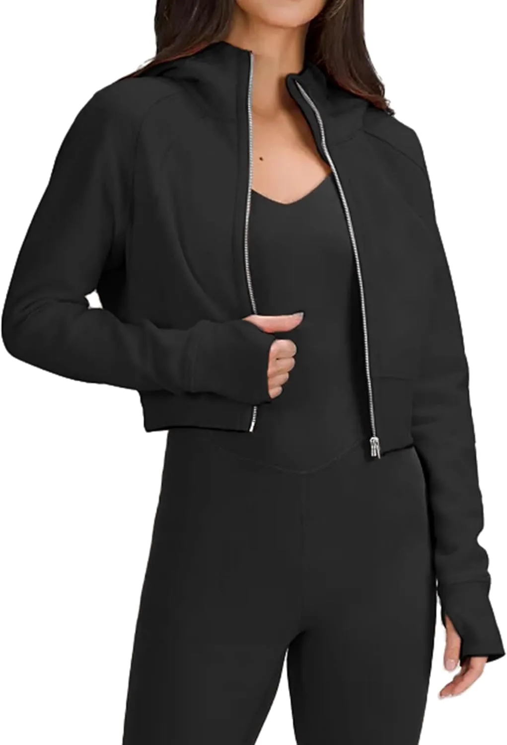 Fengbay Zip Up Hoodies for Women,Long Sleeve Fleece Lined Casual Cropped Hoodie Sweatshirts with Thumb Hole