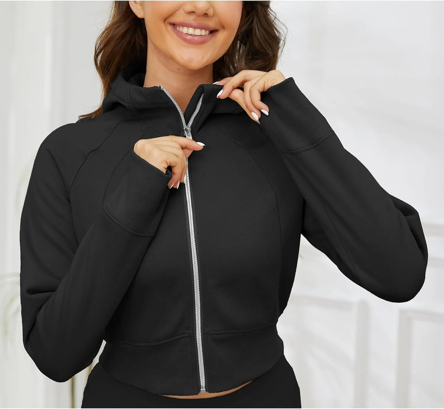 Fengbay Zip Up Hoodies for Women,Long Sleeve Fleece Lined Casual Cropped Hoodie Sweatshirts with Thumb Hole