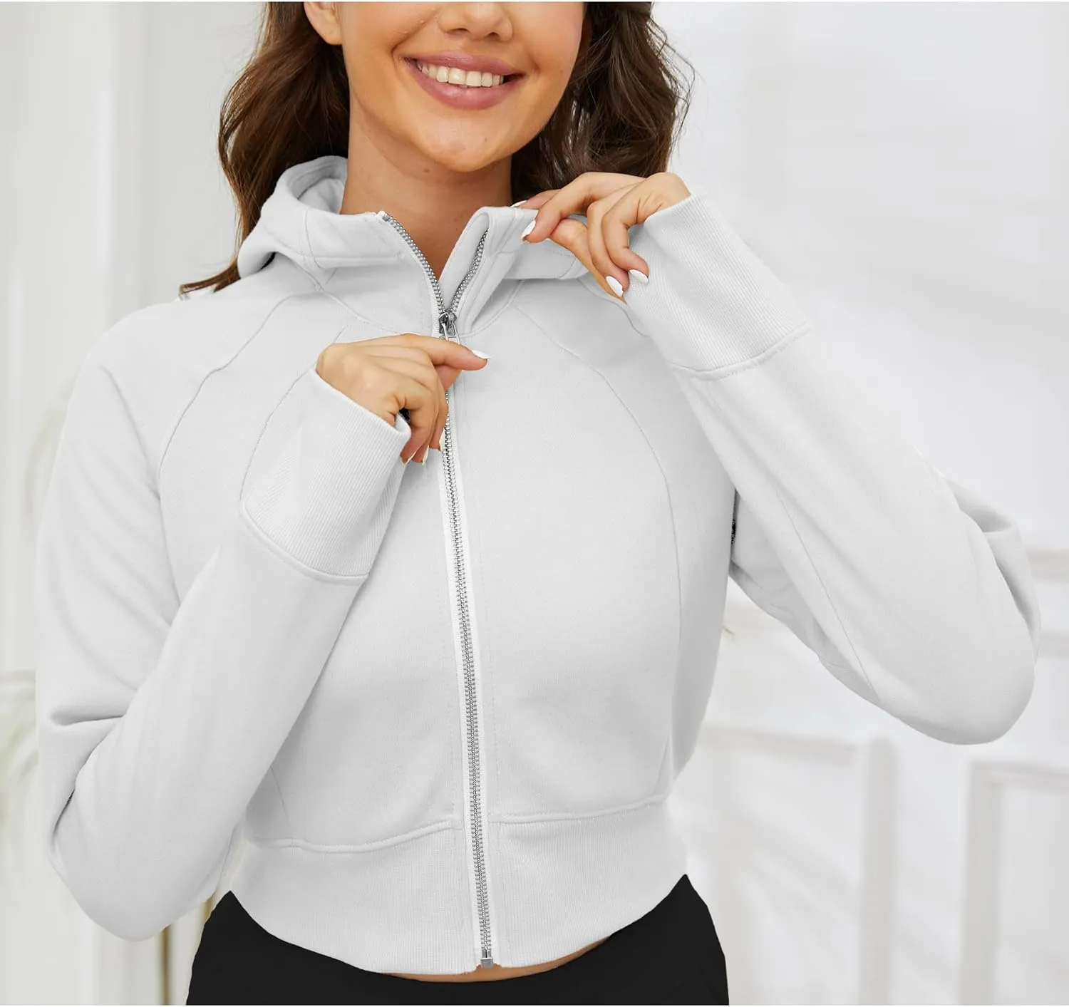 Fengbay Zip Up Hoodies for Women,Long Sleeve Fleece Lined Casual Cropped Hoodie Sweatshirts with Thumb Hole