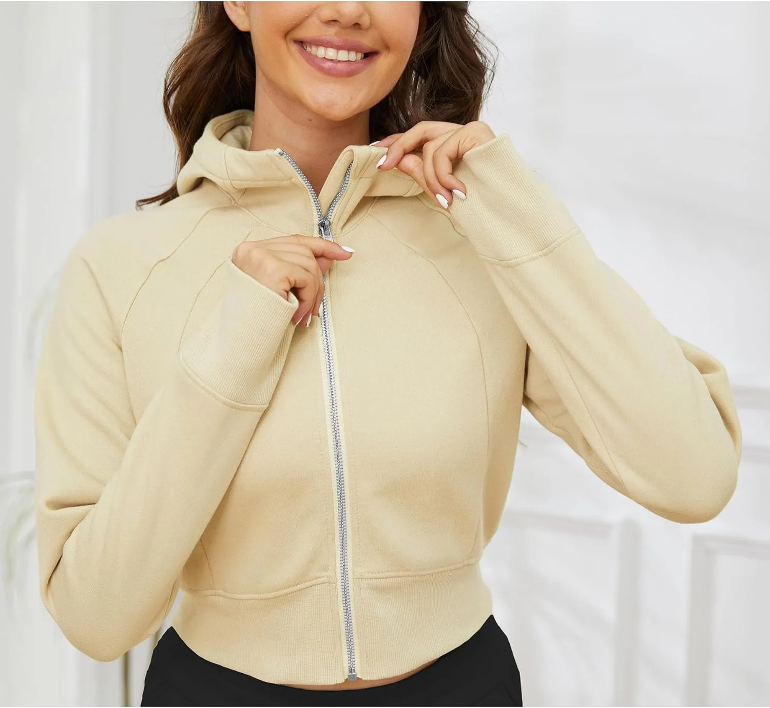 Fengbay Zip Up Hoodies for Women,Long Sleeve Fleece Lined Casual Cropped Hoodie Sweatshirts with Thumb Hole