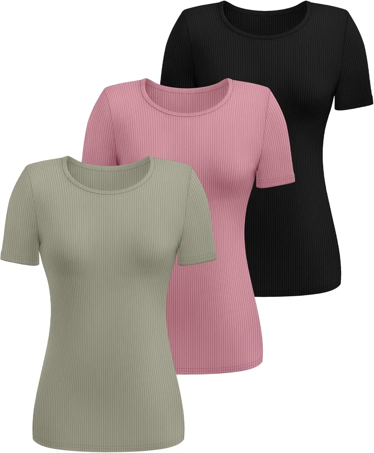 Ficerd 3 Pack Women's Ribbed T-Shirts, Cotton Short Sleeve Basic Tees Crewneck Fitted Tops Casual Shirts 2025 Summer Trendy