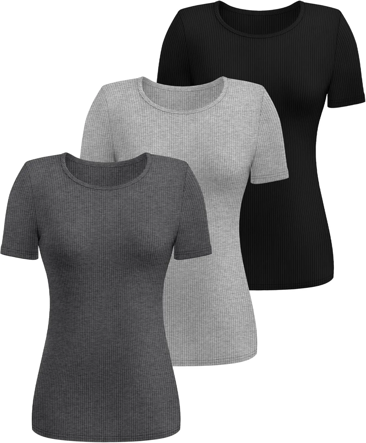 Ficerd 3 Pack Women's Ribbed T-Shirts, Cotton Short Sleeve Basic Tees Crewneck Fitted Tops Casual Shirts 2025 Summer Trendy