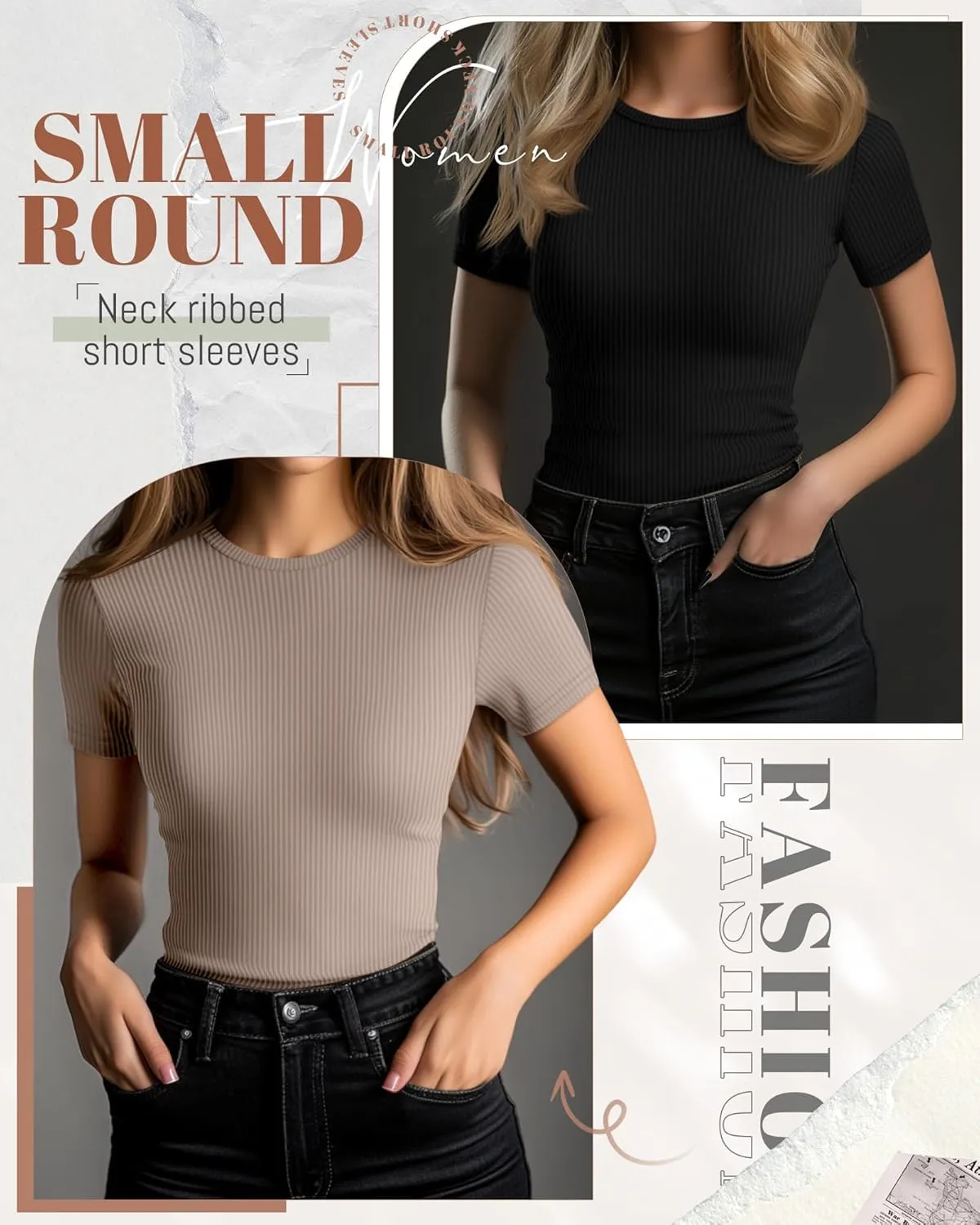 Ficerd 3 Pack Women's Ribbed T-Shirts, Cotton Short Sleeve Basic Tees Crewneck Fitted Tops Casual Shirts 2025 Summer Trendy